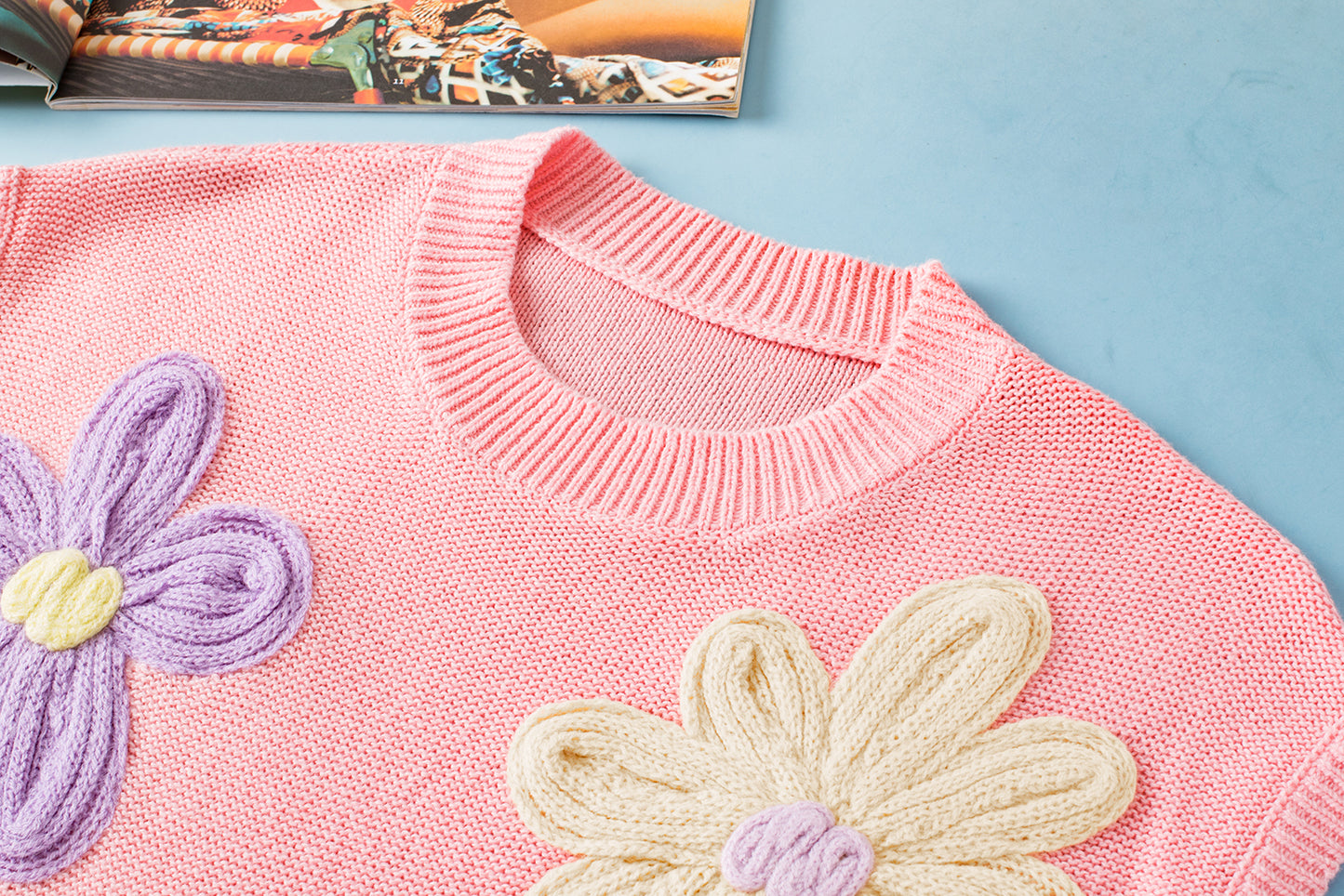 Pink Multi Crochet Flower Knit Sweater Top