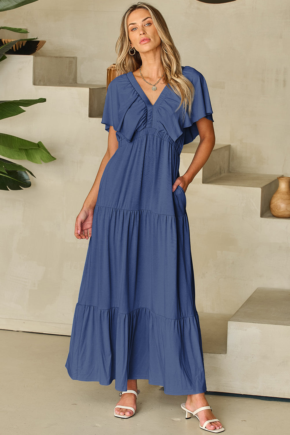 Navy Blue Textured V Neck Flutter Sleeve Ruffled Maxi Dress