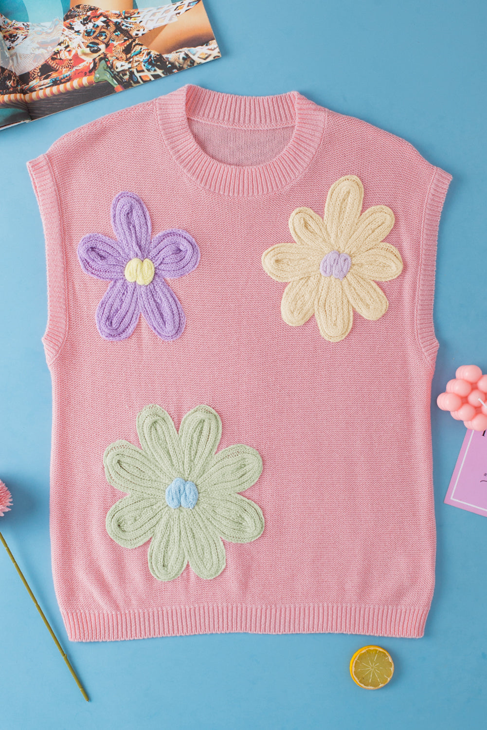 Pink Multi Crochet Flower Knit Sweater Top