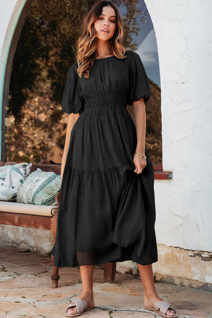 Black Puff Sleeve Pleated High Waist Flowy Long Dress