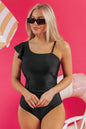 Black Asymmetric Ruffle Shoulder Pleated One Piece Swimsuit