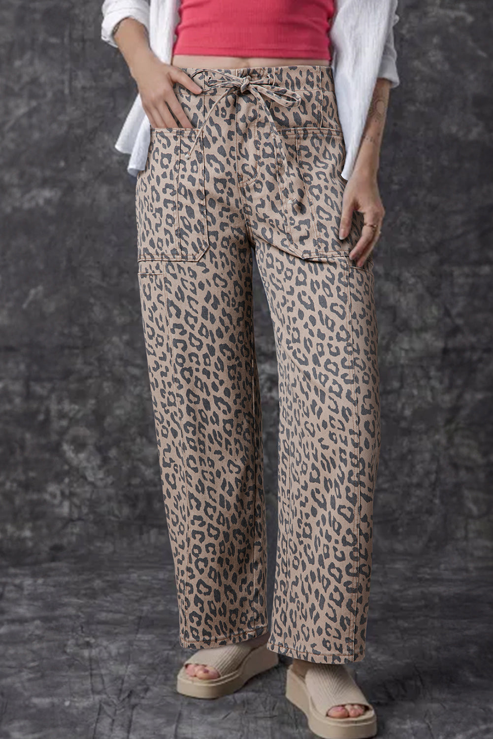 Khaki Leopard Printed Drawstring Waist Pocketed Wide Leg Jeans