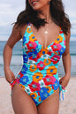 Sky Blue Orange Adjustable Straps Ribbed Knit One Piece Swimsuit