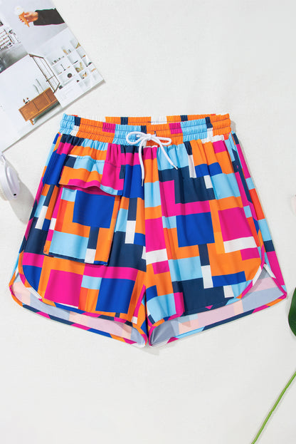 Rose Geometric Printed Drawstring Waist Beach Shorts with Pockets