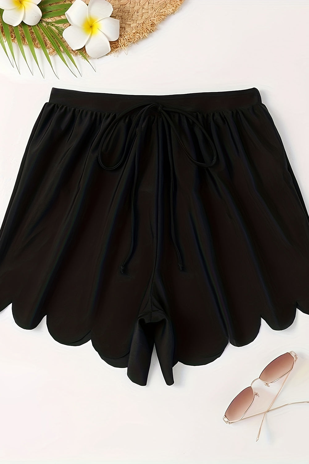 Black Scalloped Trim Beach Shorts