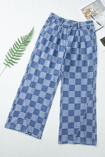 Dusk Blue Checkered Denim Wide Leg Jeans