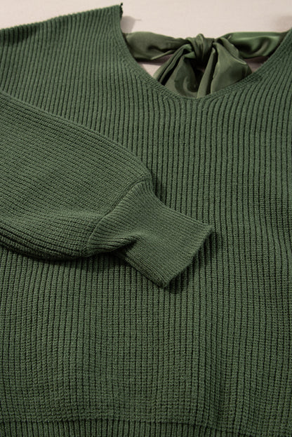 Jungle Green Lantern Sleeve V Neck Knot Back Sweater