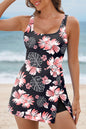 Black Floral Print Twisted Hollowed Back Swim Dress
