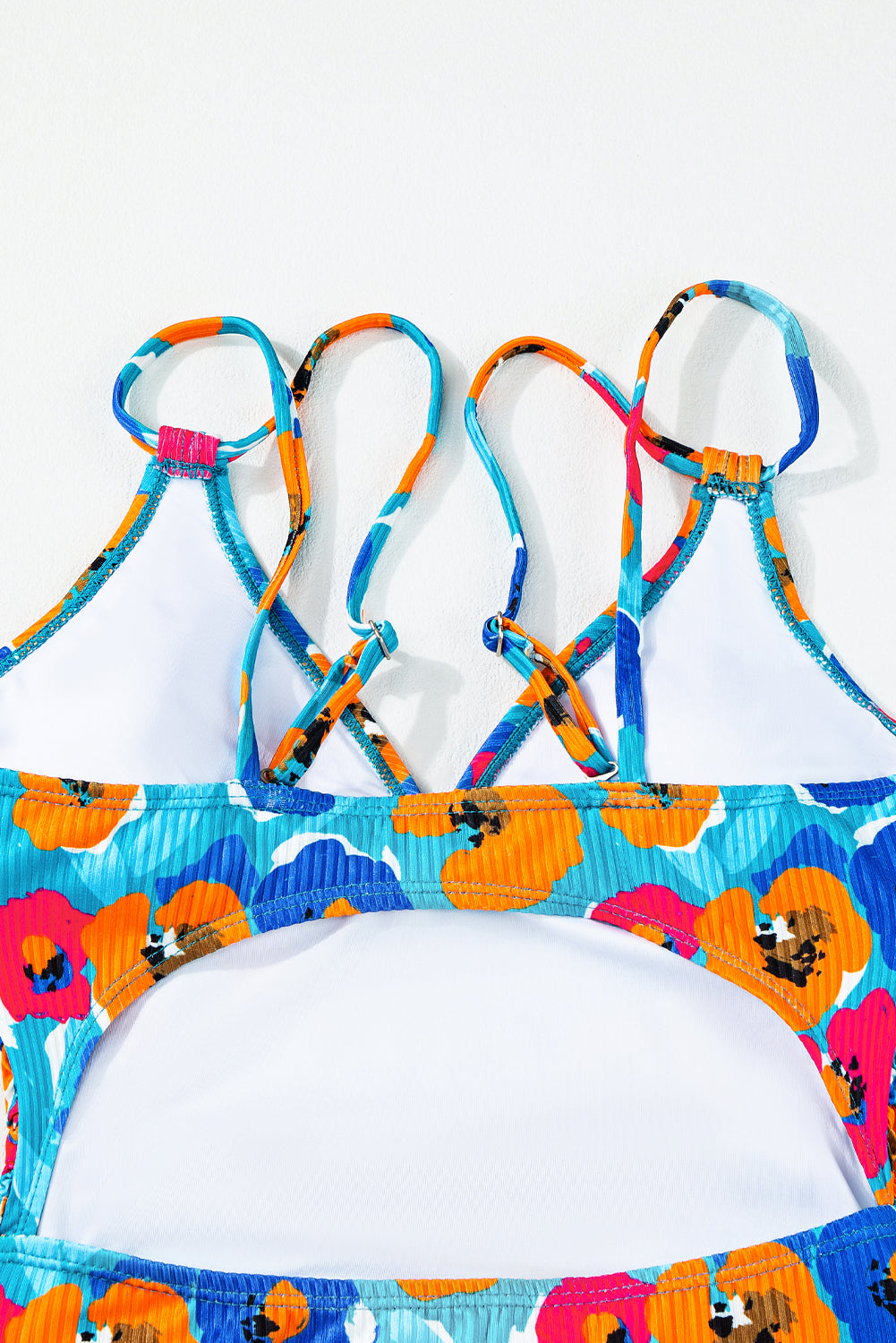 Sky Blue Orange Adjustable Straps Ribbed Knit One Piece Swimsuit