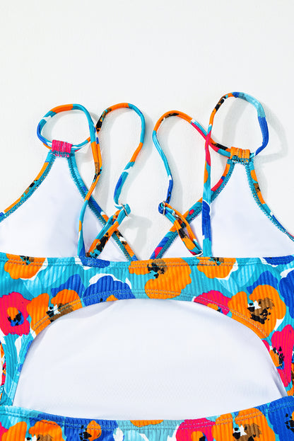 Sky Blue Orange Adjustable Straps Ribbed Knit One Piece Swimsuit