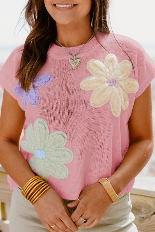 Pink Multi Crochet Flower Knit  Sweater Top