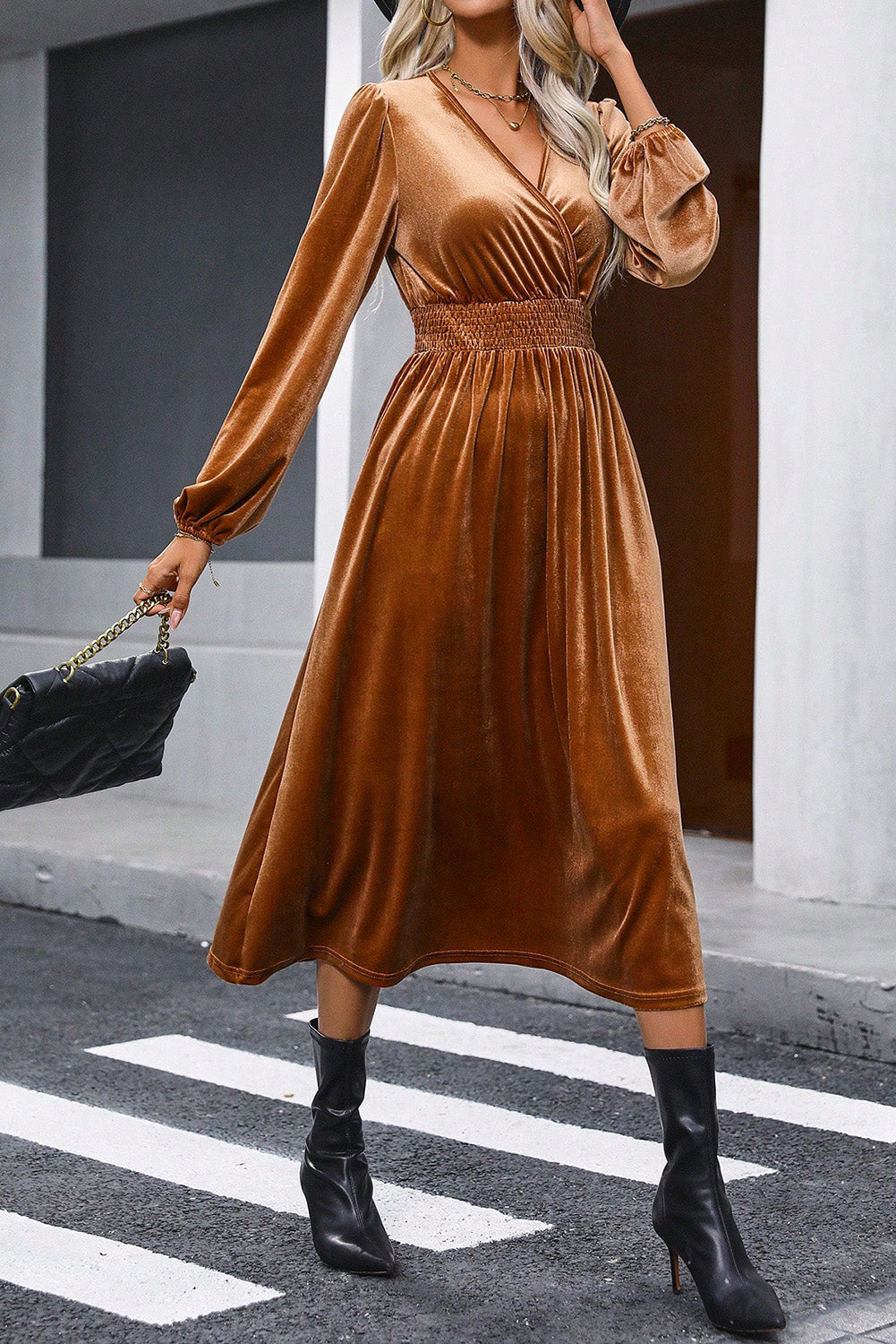 Camel Wrap V Neck Smocked High Waist Velvet Midi Dress